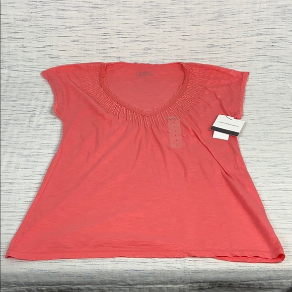 Calvin Klein Jeans Cap Sleeve Tee in Flamingo - Picture 1 of 3